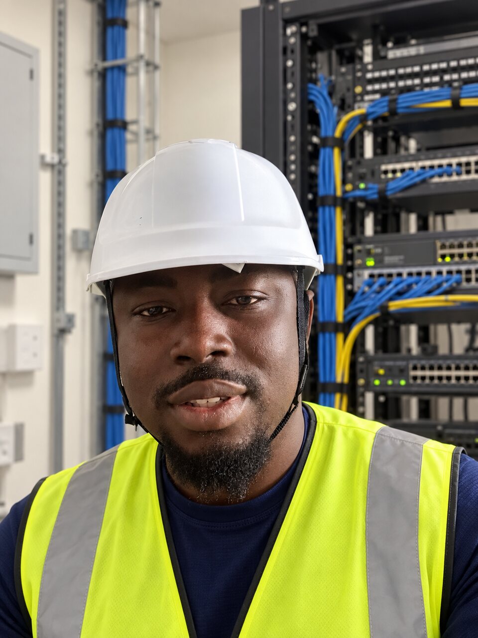 Nelson Chinedu Odigili wearing field safety equipment in a network infrastructure setting