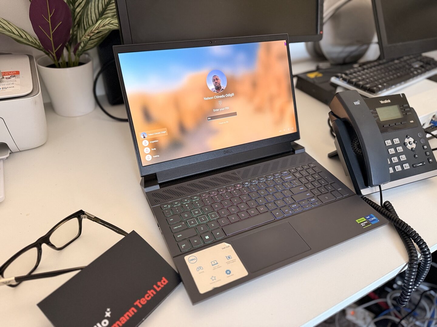 Nelson's IT homelab workstation with Windows laptop, Yealink IP phone and Techmann Tech equipment
